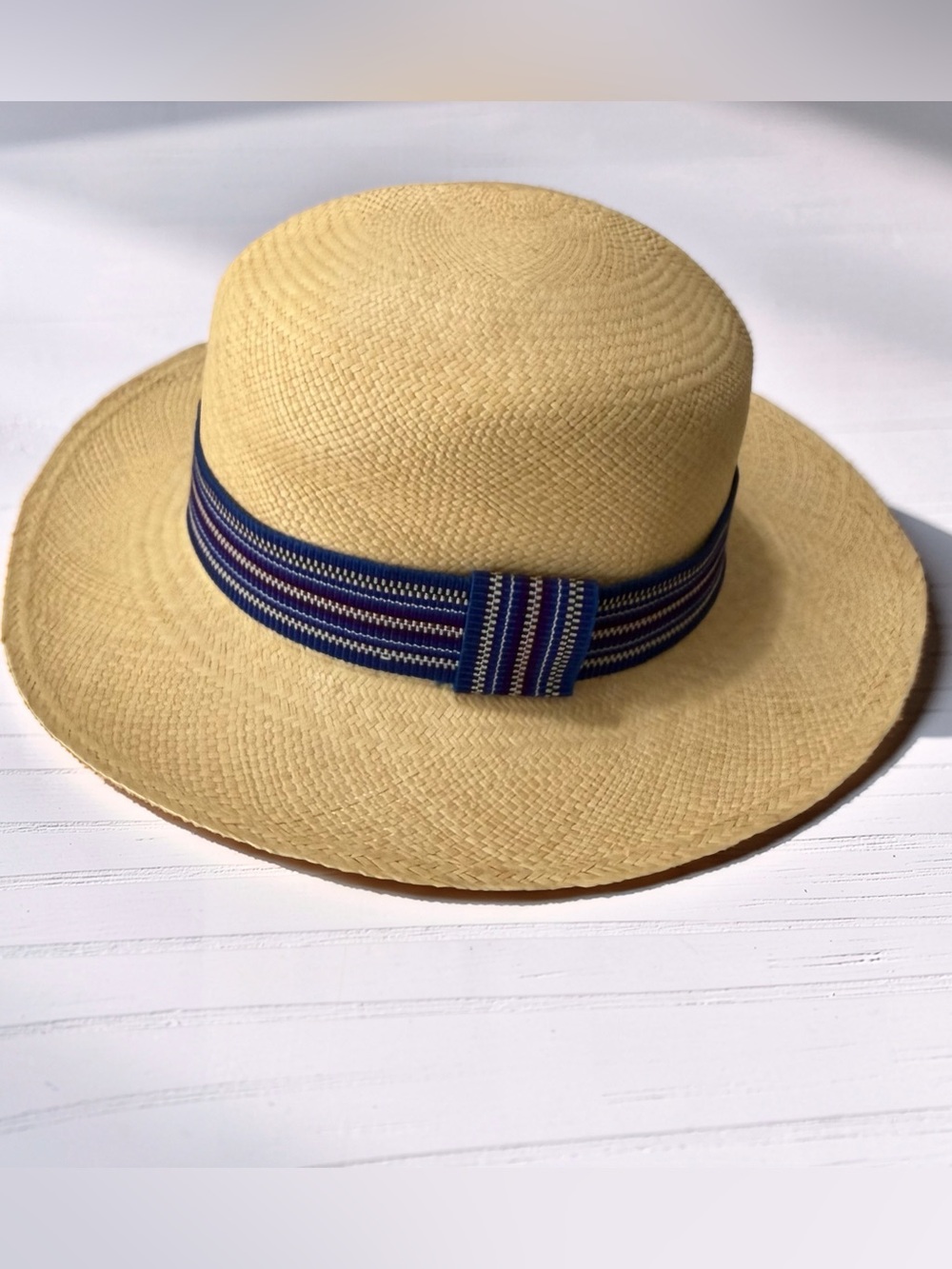 Gamboa Panama Straw Sun Hat with Blue Striped Band size 7.5